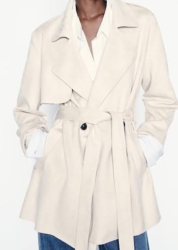 Zara Bej Süet Kemerli Midi Trençkot - Görsel 3
