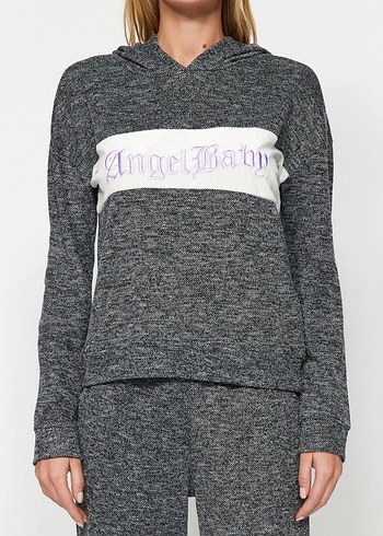 Trendyolmilla Gri Kapüşonlu Kadın Sweatshirt ve pantolon takım. - Görsel 3