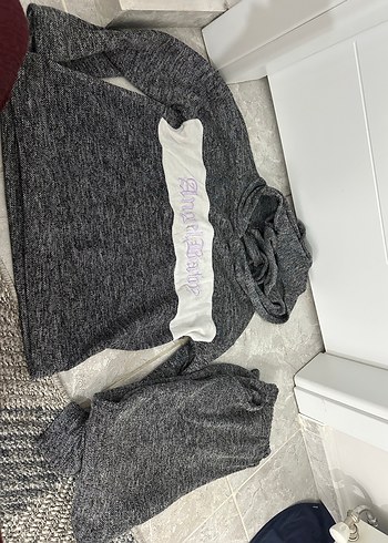 Trendyolmilla Gri Kapüşonlu Kadın Sweatshirt ve pantolon takım. - Görsel 7