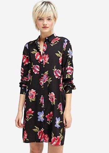 Stradivarius uzun gömlek elbise Çiçek Desenli Siyah Midi Elbise - Görsel 3
