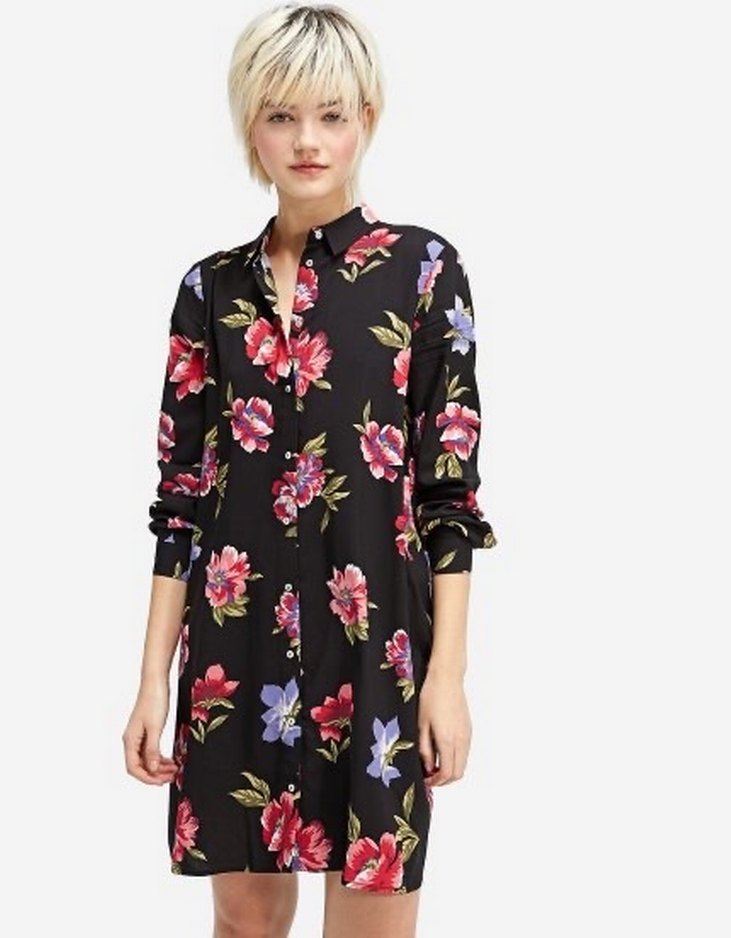 Stradivarius uzun gömlek elbise Çiçek Desenli Siyah Midi Elbise - Görsel 3