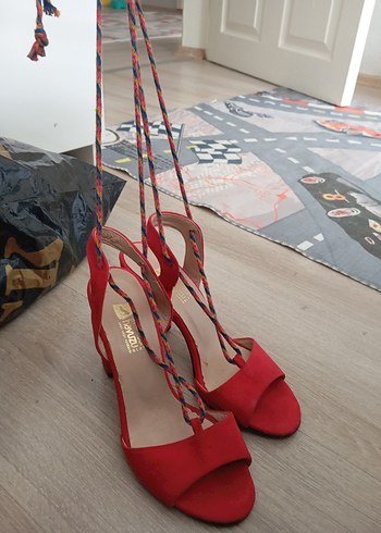 37 Beden Kırmızı Süet Bağcıklı Stiletto Topuklu Ayakkabı