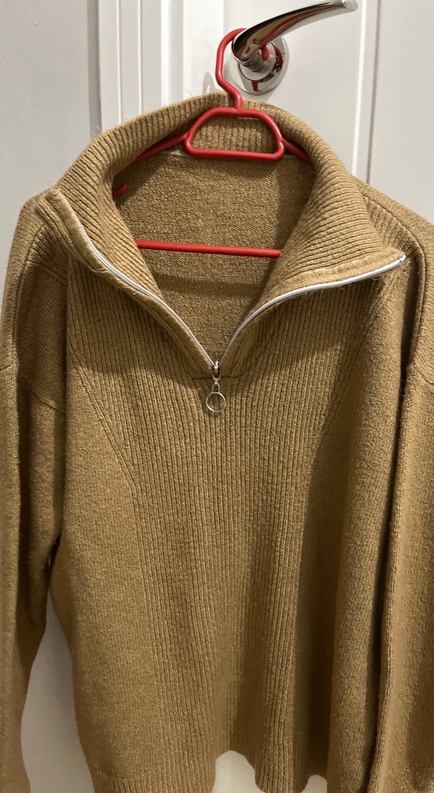 Kadın Kahverengi Yünlü Yarım Fermuarlı Kazak - Görsel 2