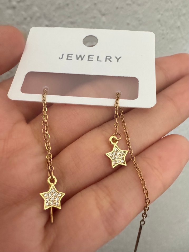 Zincir Detaylı Mini Gold Yıldız Küpe - Görsel 2