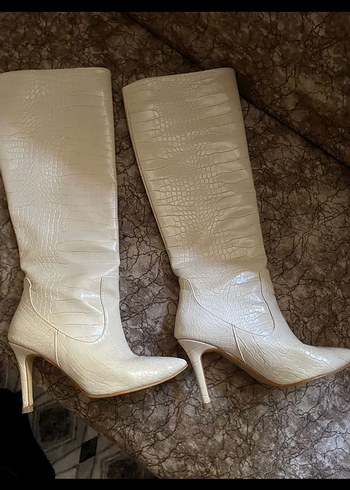 Bej  Kroko Dizaltı Topuklu Çizme - Görsel 4