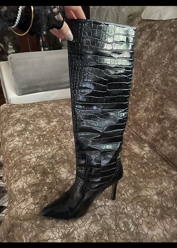 Modapigo Kroko Siyah Dizaltı Topuklu Çizme - Görsel 4