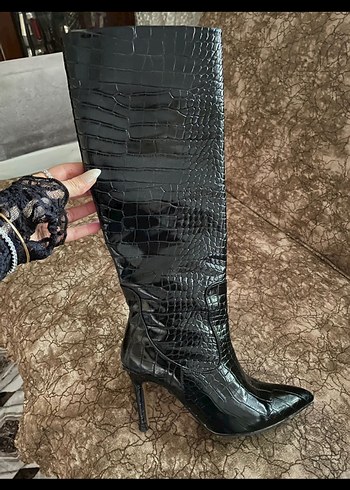 Modapigo Kroko Siyah Dizaltı Topuklu Çizme - Görsel 2