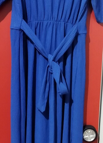 m Beden Saks mavisi düğmeli kuşaklı elbise 