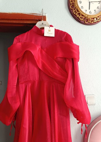 Flory Kırmızı Uzun Kollu Abiye Elbise - Görsel 5