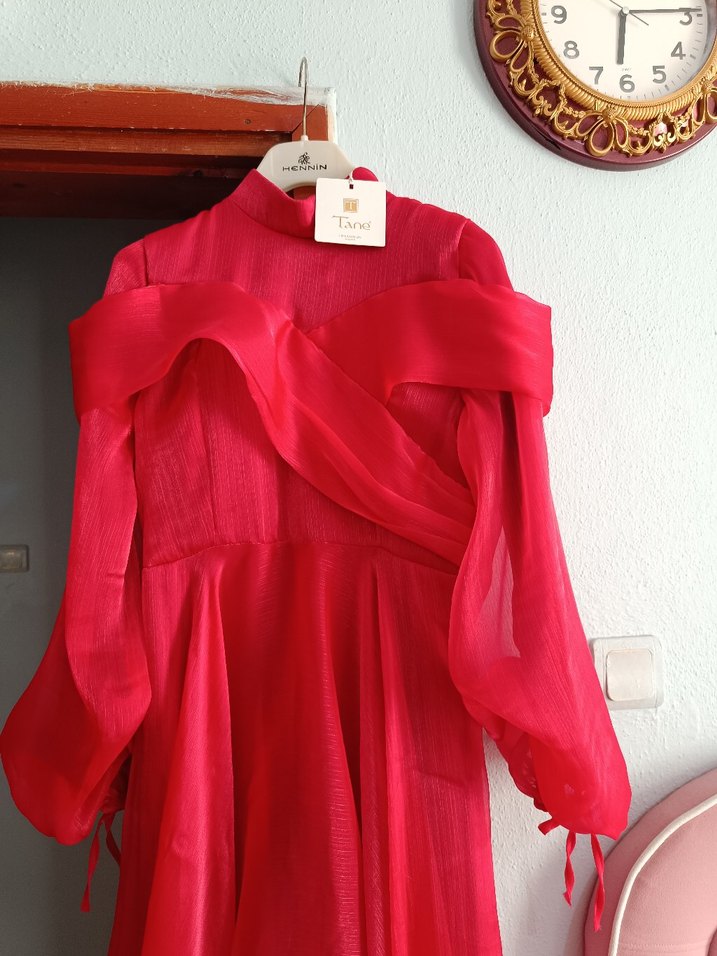 Flory Kırmızı Uzun Kollu Abiye Elbise - Görsel 5