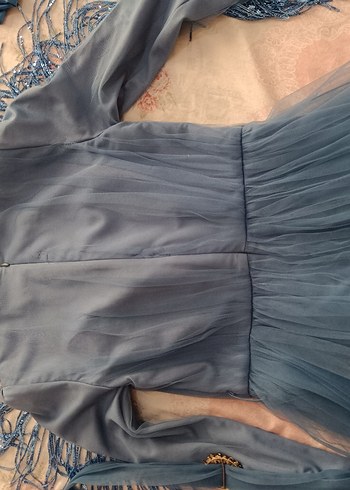 Mavi İşlemeli Uzun Abiye Elbise - Görsel 6