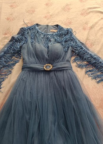 Mavi İşlemeli Uzun Abiye Elbise - Görsel 10