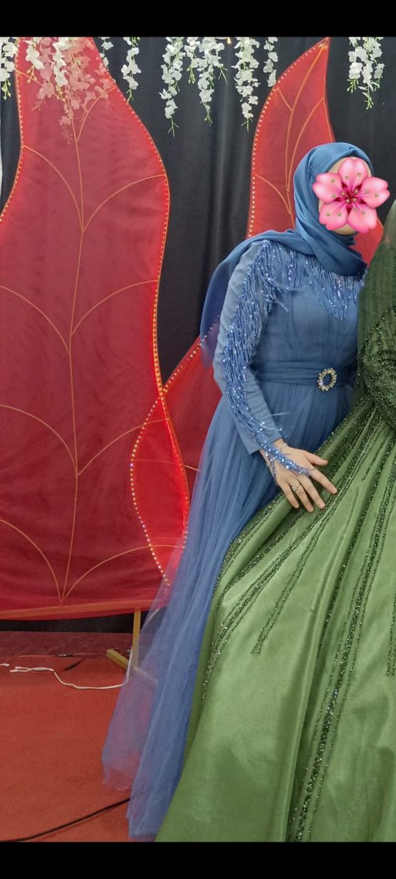 Mavi İşlemeli Uzun Abiye Elbise - Görsel 2