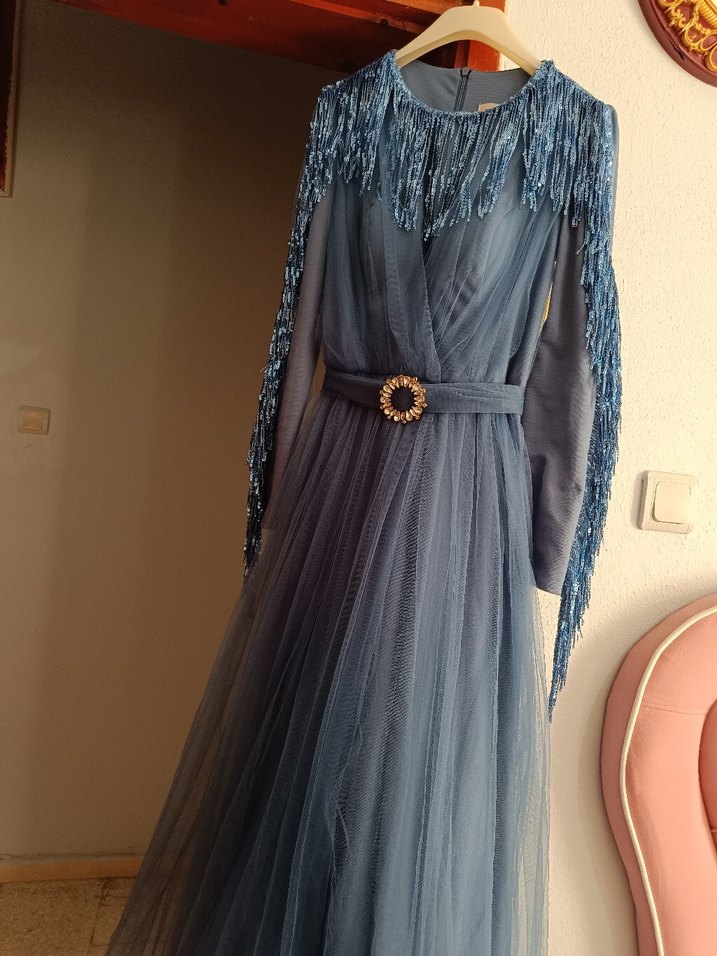 Mavi İşlemeli Uzun Abiye Elbise - Görsel 5