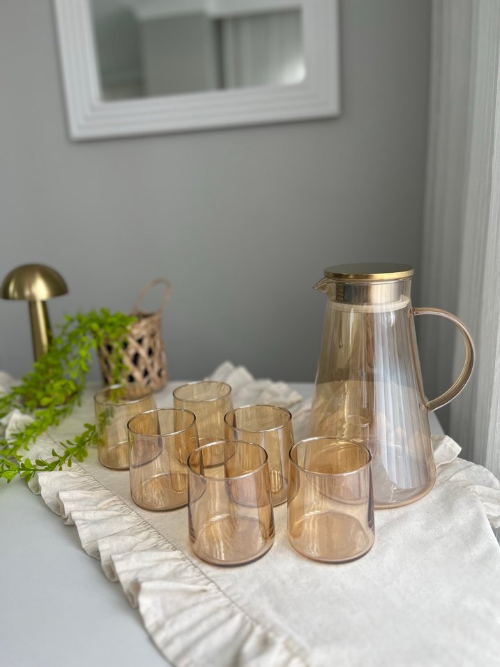 Gold Renkli Cam Sürahi ve 6 Bardak Seti - Görsel 3