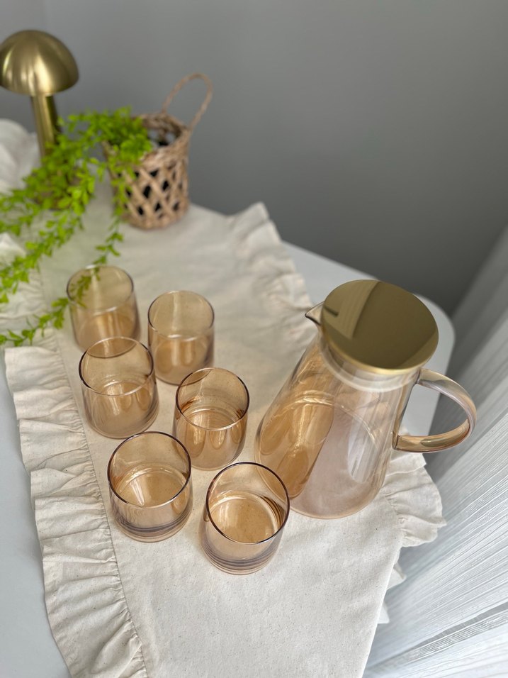 Gold Renkli Cam Sürahi ve 6 Bardak Seti - Görsel 2