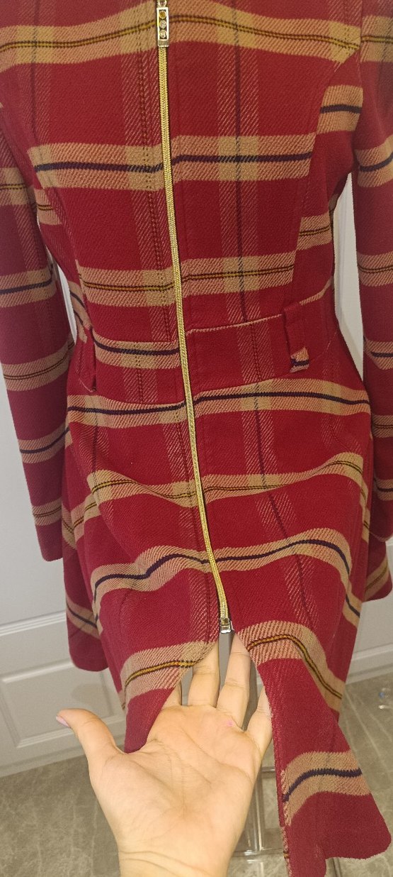 Uzun Bordo Çizgili Kadın Kaban - Görsel 4