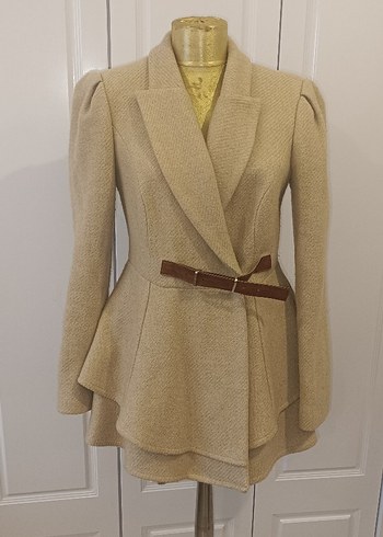 Bej Kadın Yün Kemerli Midi Klasik Ceket - Görsel 2