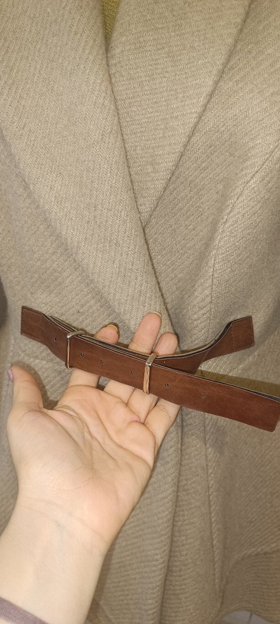 Bej Kadın Yün Kemerli Midi Klasik Ceket - Görsel 5