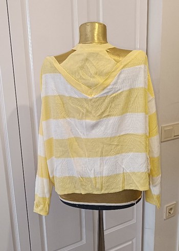 V Yaka Sarı Çizgili Kadın Kazak - Görsel 4