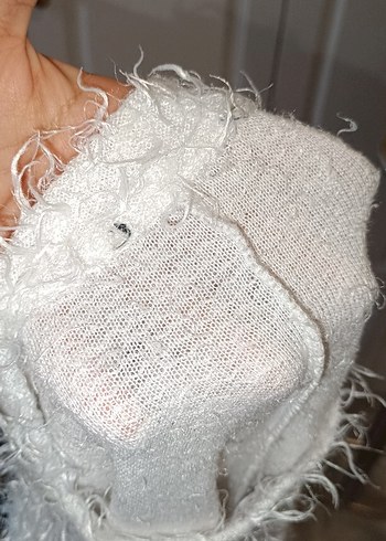 V Yaka Beyaz Örgü Salaş Kadın Kazak - Görsel 4