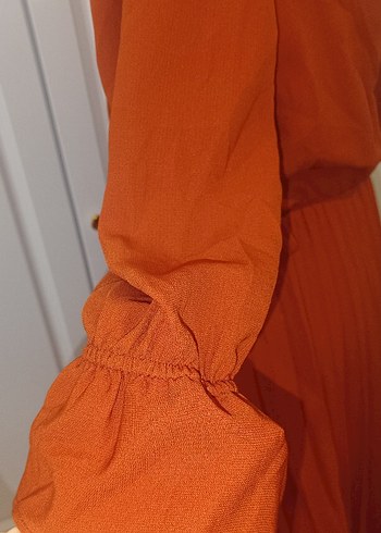 kiremit rengi Piliseli Uzun Kadın Elbise - Görsel 4