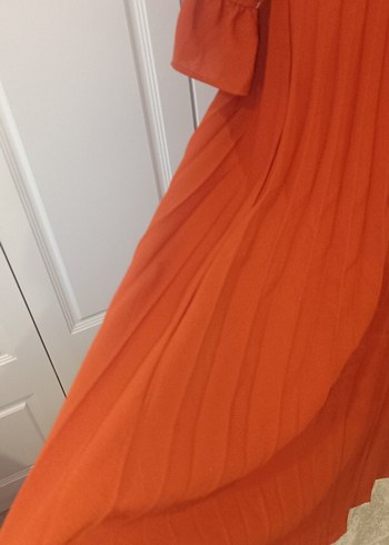 kiremit rengi Piliseli Uzun Kadın Elbise - Görsel 5