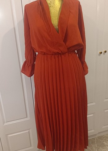 kiremit rengi Piliseli Uzun Kadın Elbise - Görsel 2