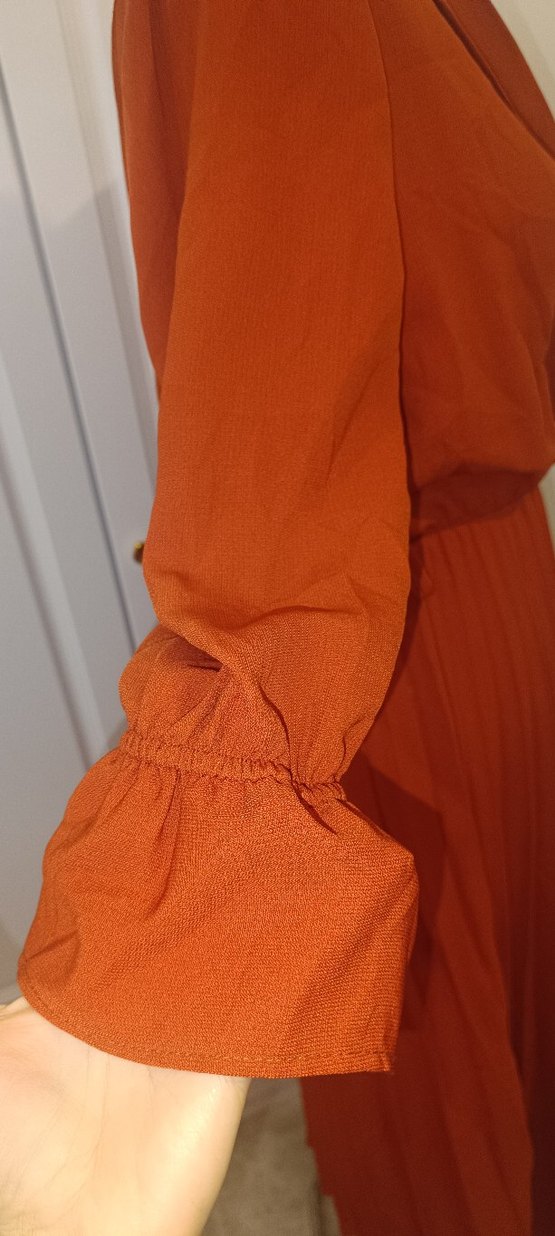 kiremit rengi Piliseli Uzun Kadın Elbise - Görsel 4