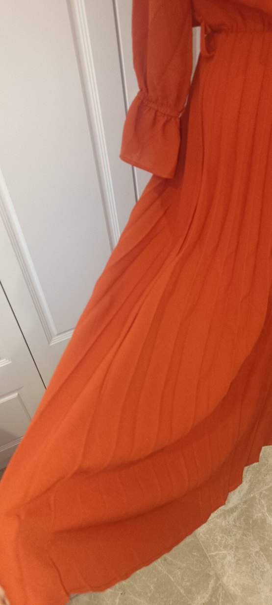 kiremit rengi Piliseli Uzun Kadın Elbise - Görsel 5