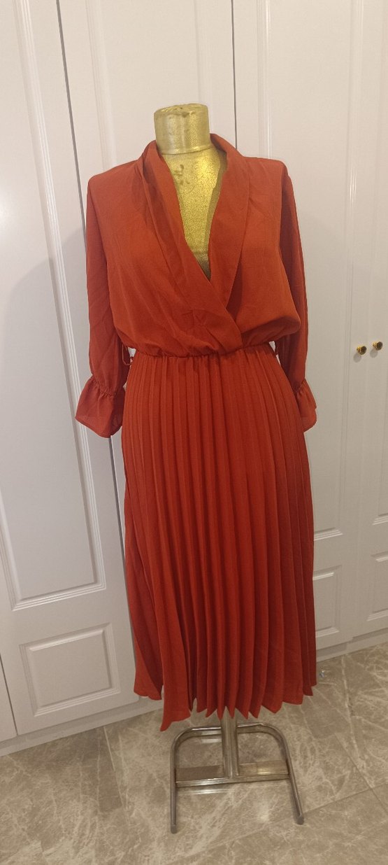 kiremit rengi Piliseli Uzun Kadın Elbise - Görsel 2