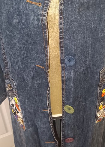 Nakışlı Uzun Mavi Kadın Kot Ceket - Görsel 4