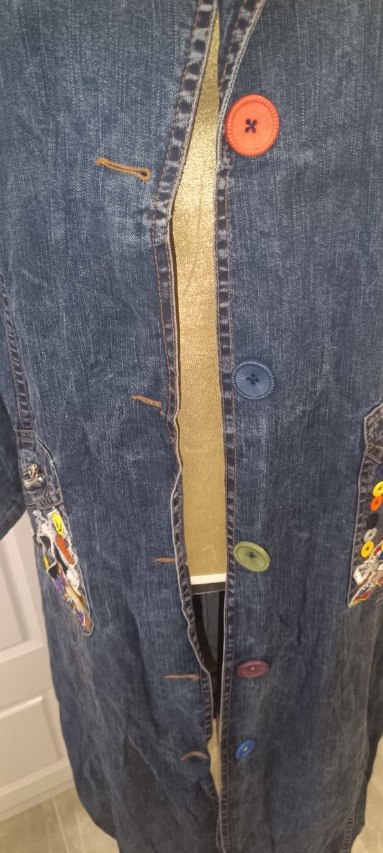 Nakışlı Uzun Mavi Kadın Kot Ceket - Görsel 4