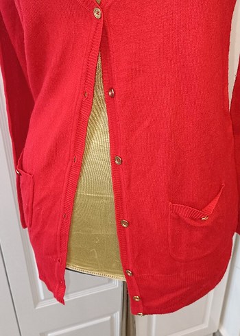 Düğmeli Kırmızı Kadın Hırka - Görsel 3