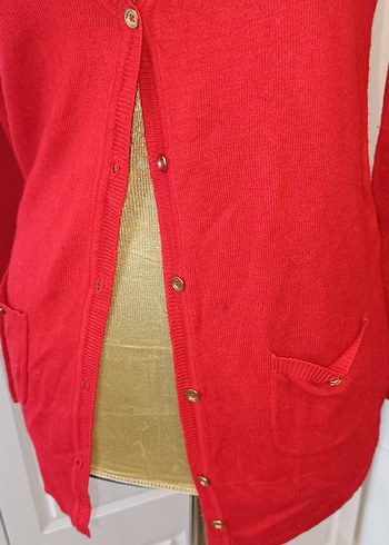 Düğmeli Kırmızı Kadın Hırka - Görsel 2