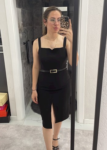 Deri Siyah Midi Kalem Elbise