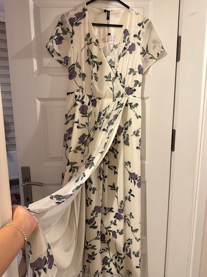 Bej Çiçek Desenli Bohem Uzun Elbise - Görsel 2