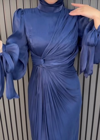 Lacivert Drapeli Uzun Abiye Elbise - Görsel 2