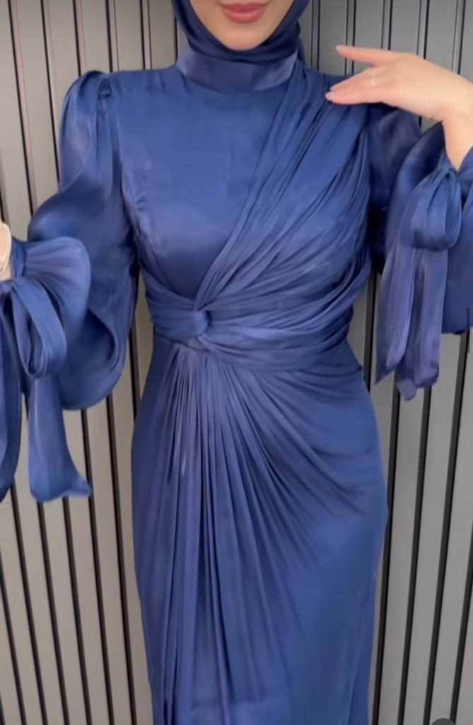 Lacivert Drapeli Uzun Abiye Elbise - Görsel 2