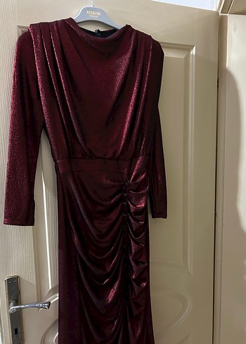 Bordo simli Drapeli Uzun Abiye Elbise - Görsel 3