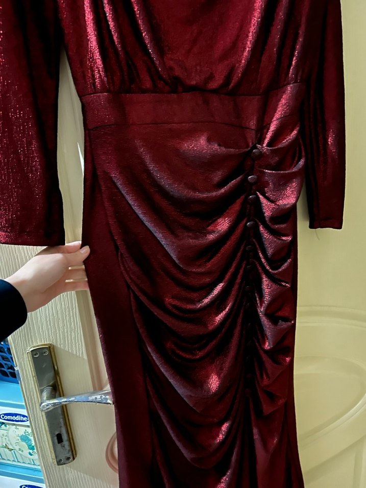 Bordo simli Drapeli Uzun Abiye Elbise - Görsel 4