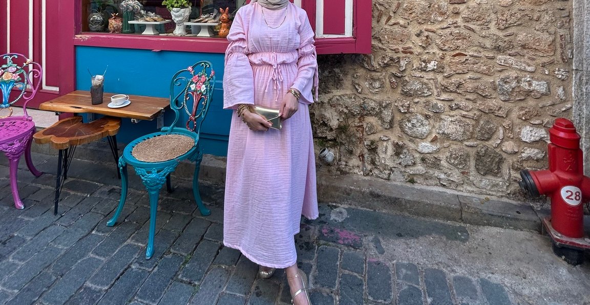 Pembe Salaş Uzun Elbise - Görsel 3