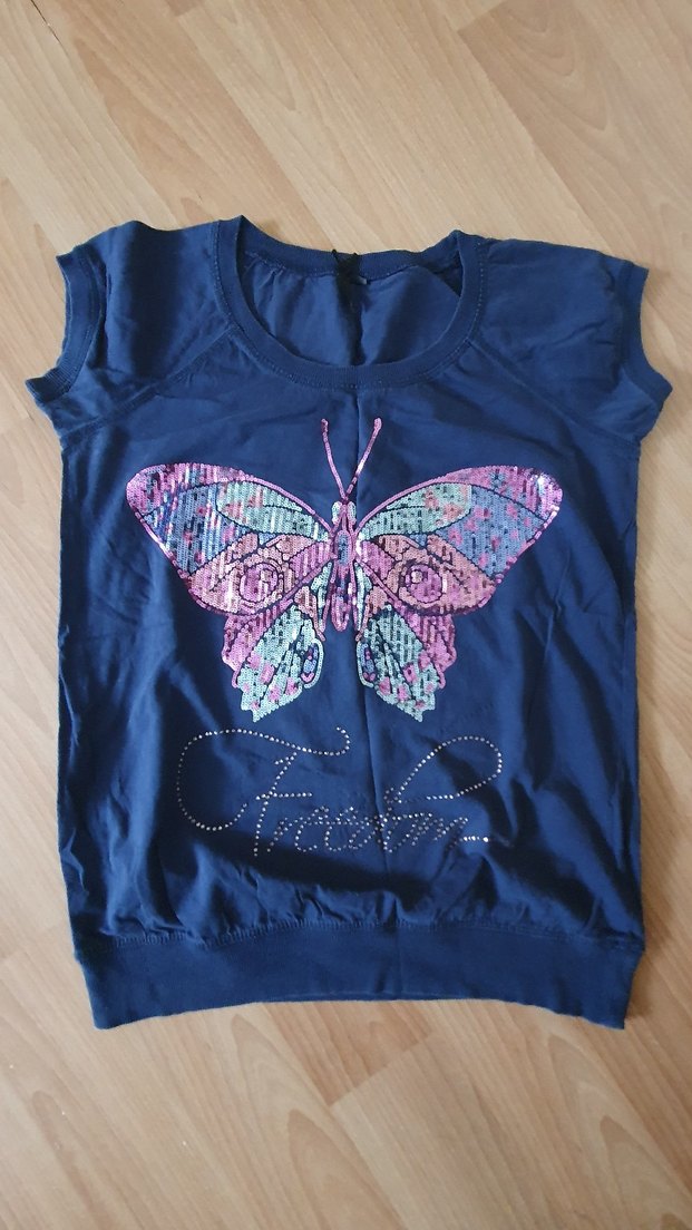 Kelebek Baskılı Pul Detaylı Kız Tişörtü - Görsel 2