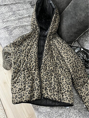 Leopar çift taraflı mont