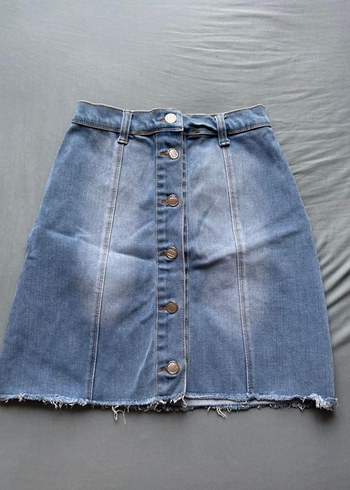 Düğmeli Mavi Jean Mini Etek