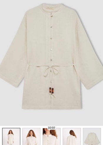 Bej Düğmeli Midi Keten Tunik Manuka - Görsel 2