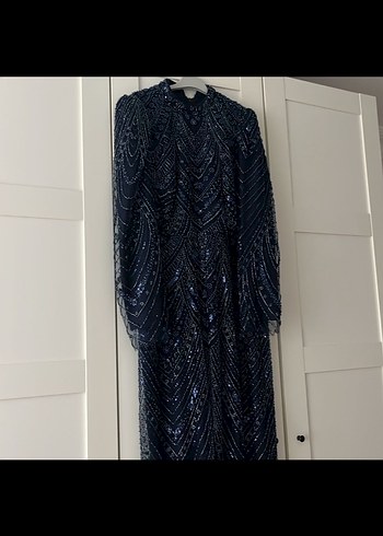 Boncuk İşlemeli Lacivert Uzun Kadın Elbise - Görsel 4