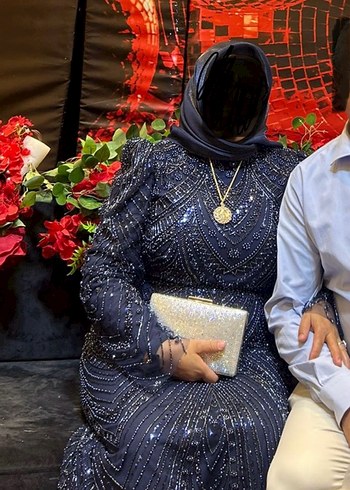 Boncuk İşlemeli Lacivert Uzun Kadın Elbise - Görsel 2