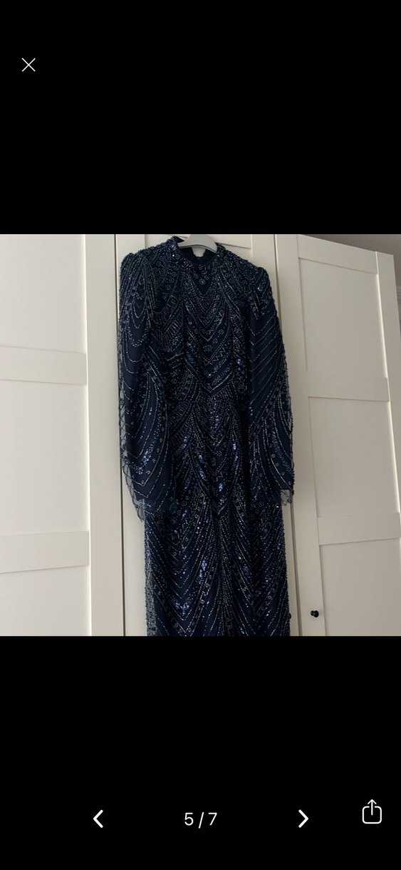 Boncuk İşlemeli Lacivert Uzun Kadın Elbise - Görsel 4