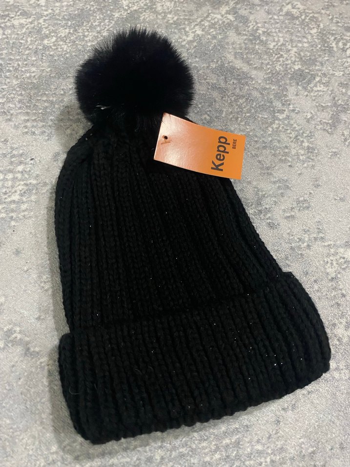 Siyah Kadın Örgü Yün Bere Ponponlu - Görsel 2